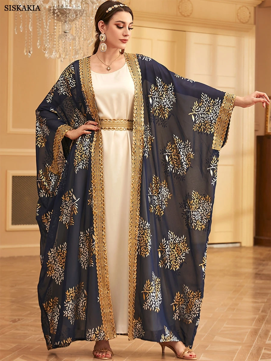 Siskakia Dubai Gold Stamping Abaya Two Piece Set With Belt For Muslim Woman Batwing Sleeve Luxury Loose Moroccan Saudi Kaftan