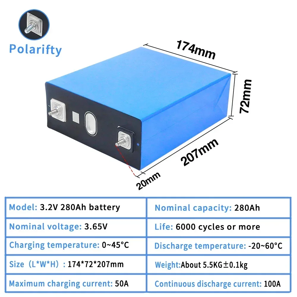 New 3.2V 280AH 1-16PCS Lifepo4 Lithium Iron Phosphate Battery 12V 24V 36V 48V Grade A Solar Rechargeable Cells EU 7 Day Delivery