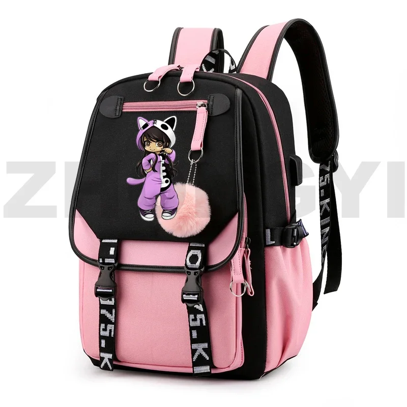 SAC กระเป๋าเป้สะพายหลัง Kawaii aphmau merch มีซิปกระเป๋าใส่แล็ปท็อปกระเป๋าเป้สะพายหลัง unisex เป็นกระเป๋านักเรียนลายแมวกระเป๋าหนังสือการ์ตูน