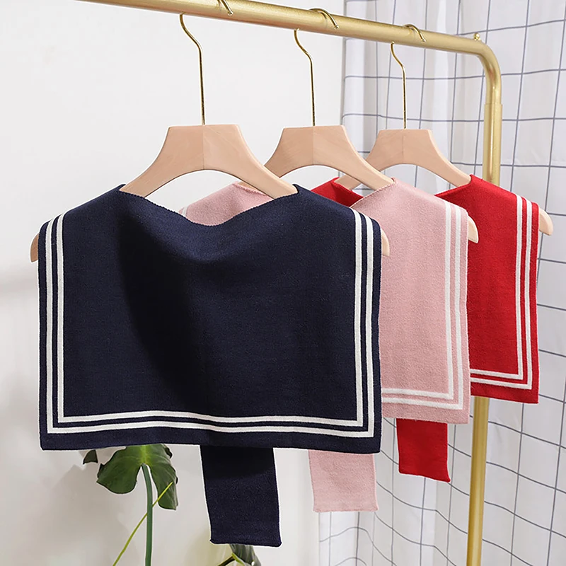 New Korean College Navy Stripe Wool Knit Shoulder Cape Knotted Warm Shawl Summer Air Conditioned Room Protect Neck Woman's Scarf view 2