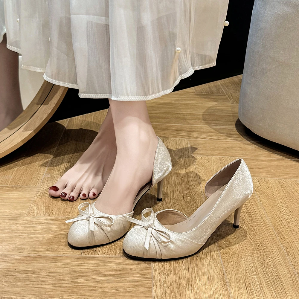Summer Single Shoes Women Round Head Side Empty Bow Slip-on Non-Tired Foot High Heels