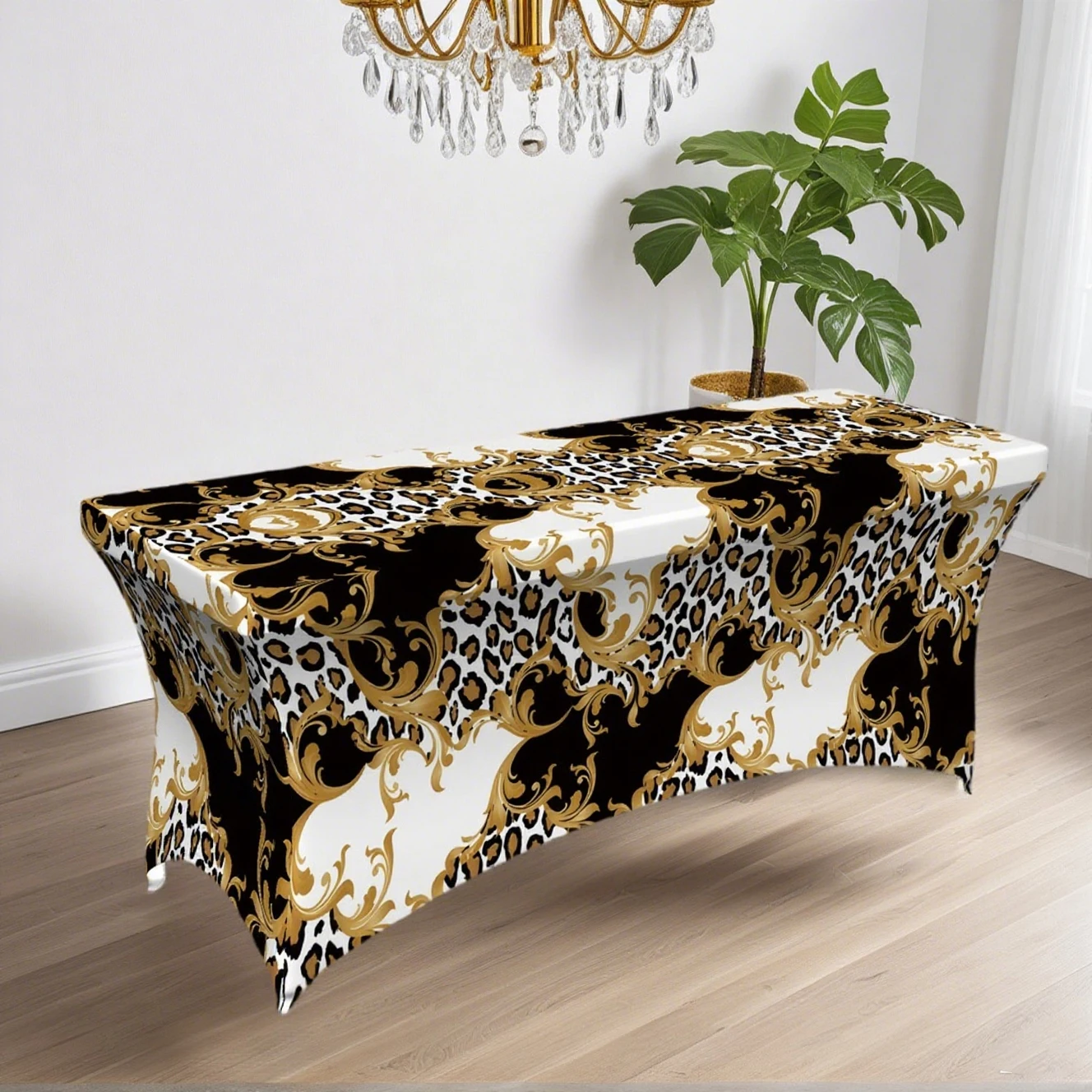 1pc All-inclusive tablecloth,Black Gold Leopard Baroque Stretch Table Cover,Suitable for kitchen parties