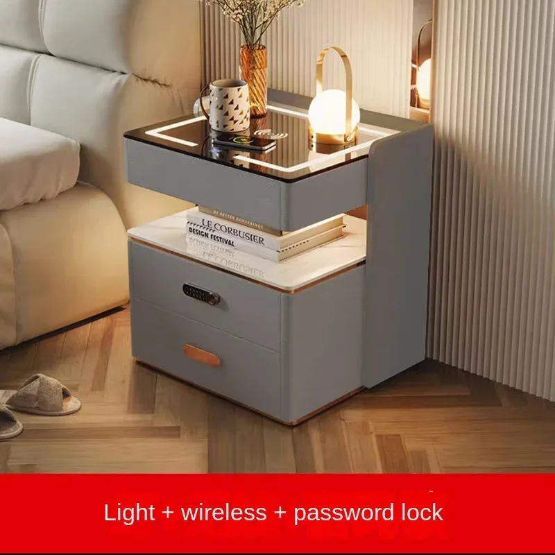 2026 Modern Luxury Wooden Wireless Charging Smart Bedside Table LED Light 3-Drawer Storage For Small Apartments Nightstands
