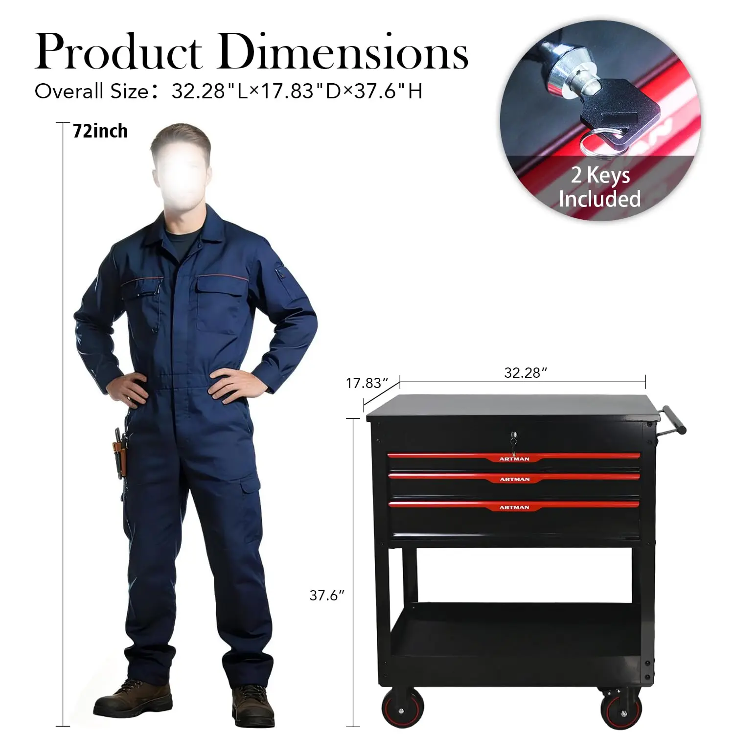 3-Drawer Rolling Tool Cart with Steel Lift-Up Top, Heavy Duty Lockable Mechanic Tool Chest with Wheels, Multifunctional