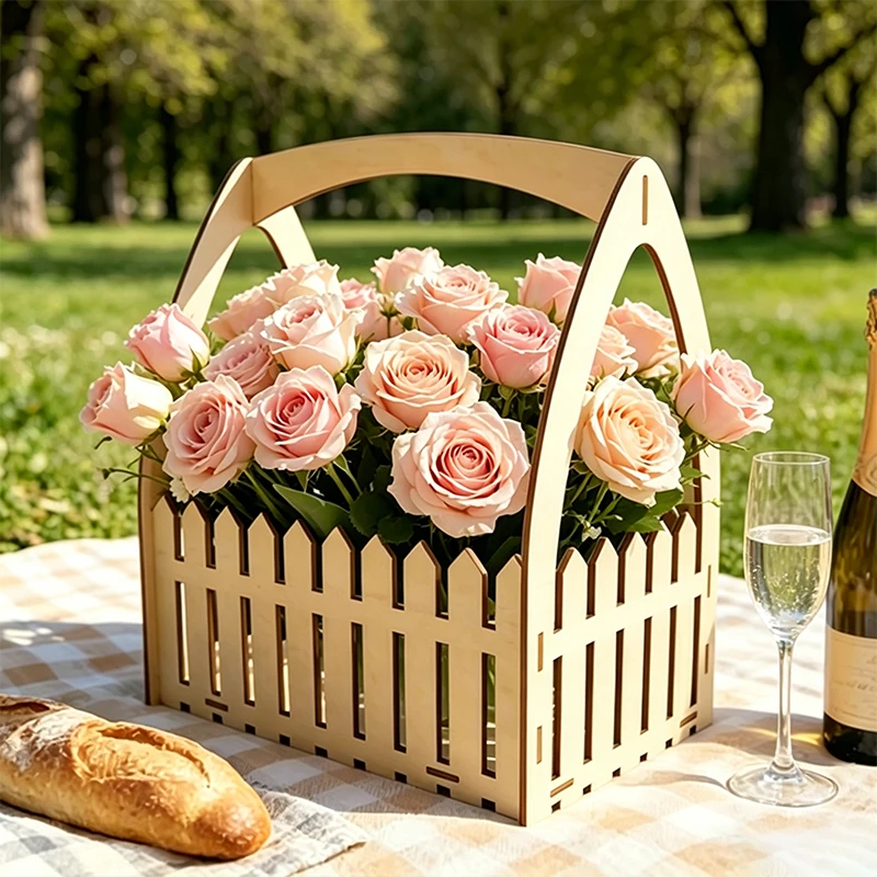 Rustic Style Flower Baskets Wooden Pointed Stake Fence Basket with Handle Portable Outdoor Wedding Decorations Floral Display