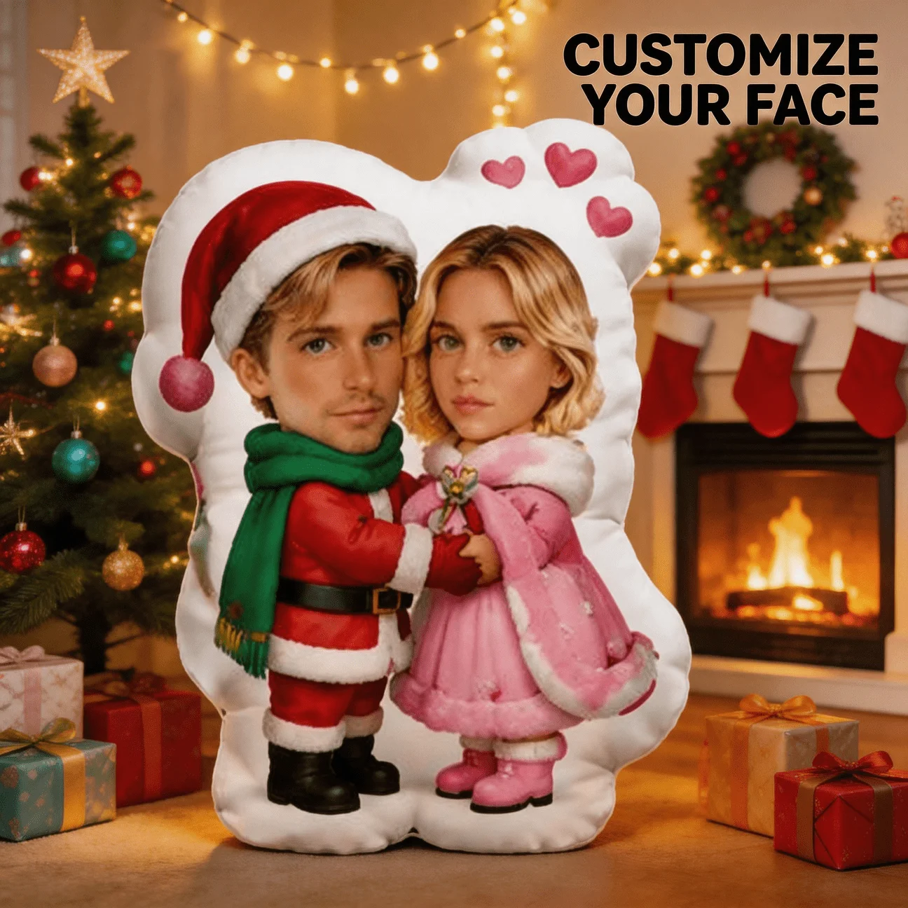 Custom Couple Photo Shaped Pillow, Personalized Face Christmas Theme Decorative Cushion, Romantic Heart Design Home Decor Accent