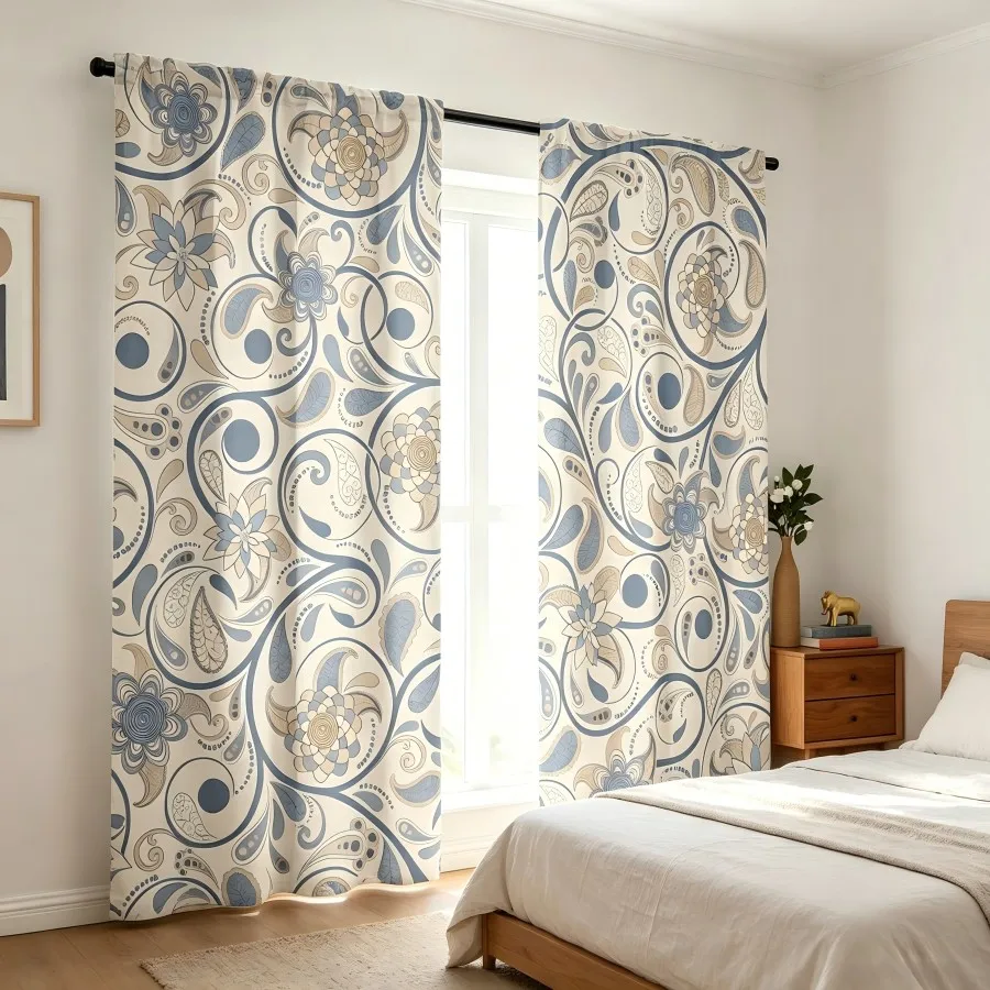 2PCS Digital Print  Curtain, Beige Blue Paisley, Bohemian Style  Curtain Panel for Home Living Room Bedroom Decor