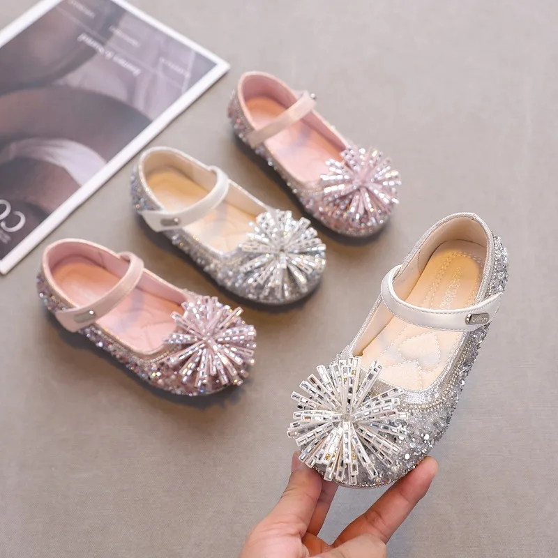 Girls Sequins Leather Shoes Princess Rhinestone Children Catwalk Perform Mary Jane Shoes Non-slip Kids Party Dress Flat Shoes