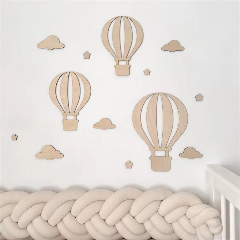 13Pcs/Set Natural Wood Style Wooden Shaped Clouds, Stars, and Hot Air Balloons for Home Decoration, Bedroom Room Decoration, Wooden Wall Art Background, Home Decor, Living Room Wooden Hot Air Balloon Wall Stickers, Perfect for Bedroom, Cafe, Art Gallery, Art Decoration, Christmas, New Year, Halloween Holiday Wall Decoration Gifts