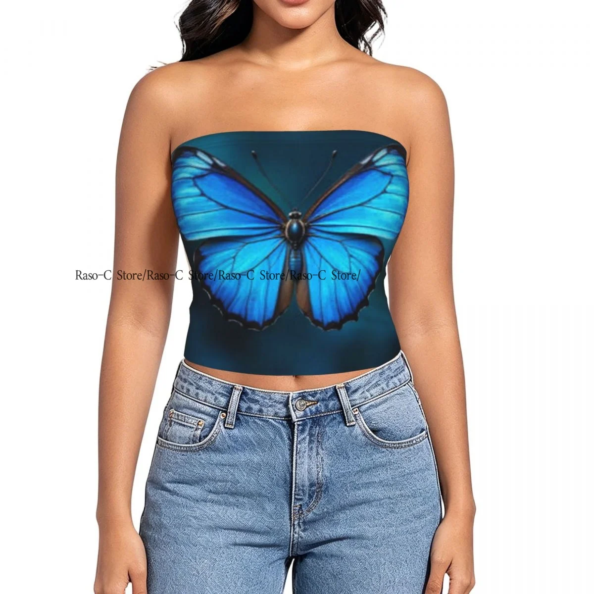 Women's strapless halter top Blue Morpho Butterfly With Wings summer sexy short-sleeved top