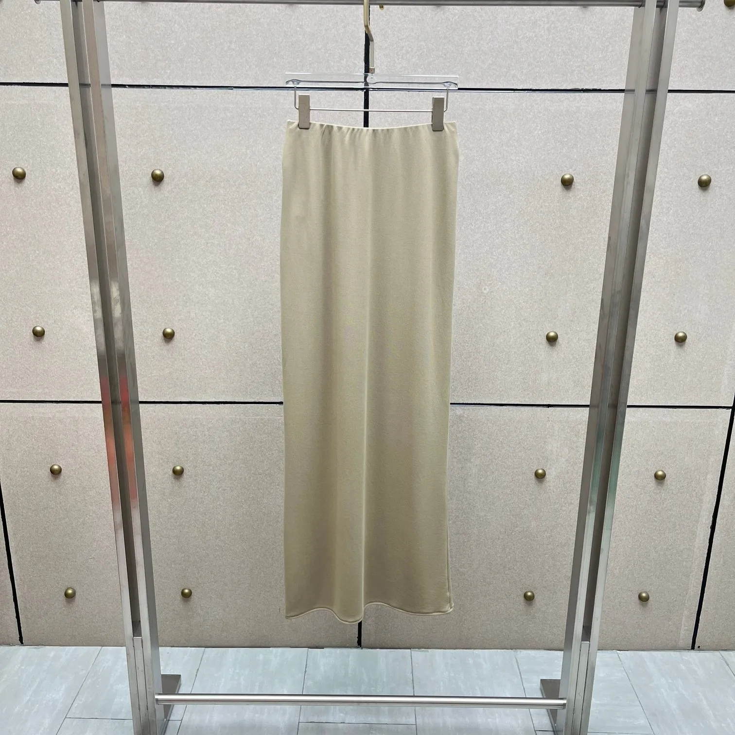 2026 Low-Rise Satin Slip Skirt – Fluid Drape Midi-Length Underskirt in Midnight Blue & Champagne