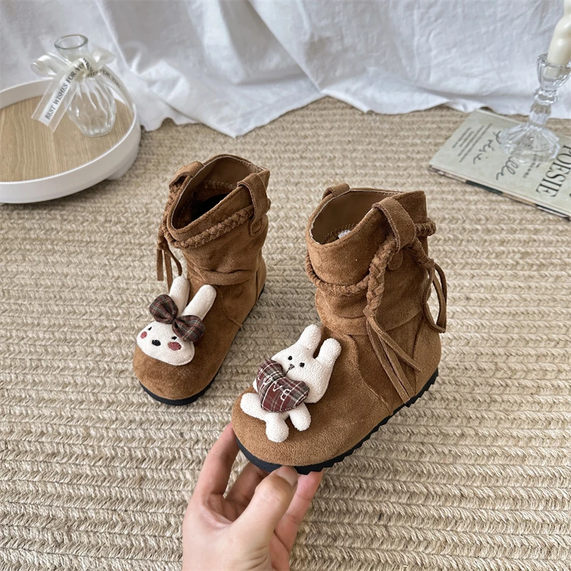 

Kids Fashion Boots Spring Autumn Cute Rabbit Girls Outdoor Mid-calf Boots Causal Round-toe Cartoon Children Tassel Leather Boots