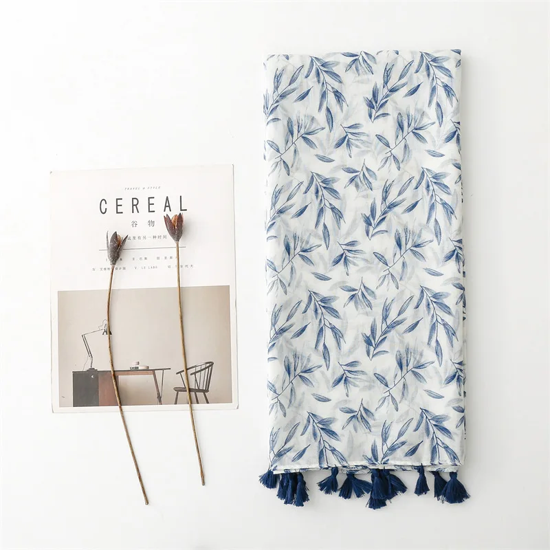 Korean style fashionable blue main tone cotton and linen feel scarf with printed design fresh and sweet tassel shawl for women