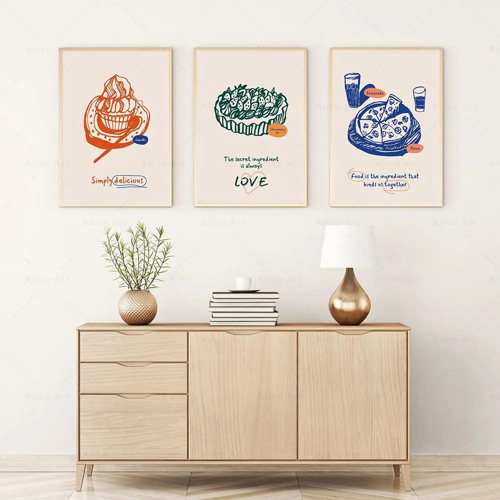 Coffee Pizza Dumplings Sushi Food Poster Minimalist Abstract Line Art Canvas Painting Wall Pictures Modern Kitchen Room Decor