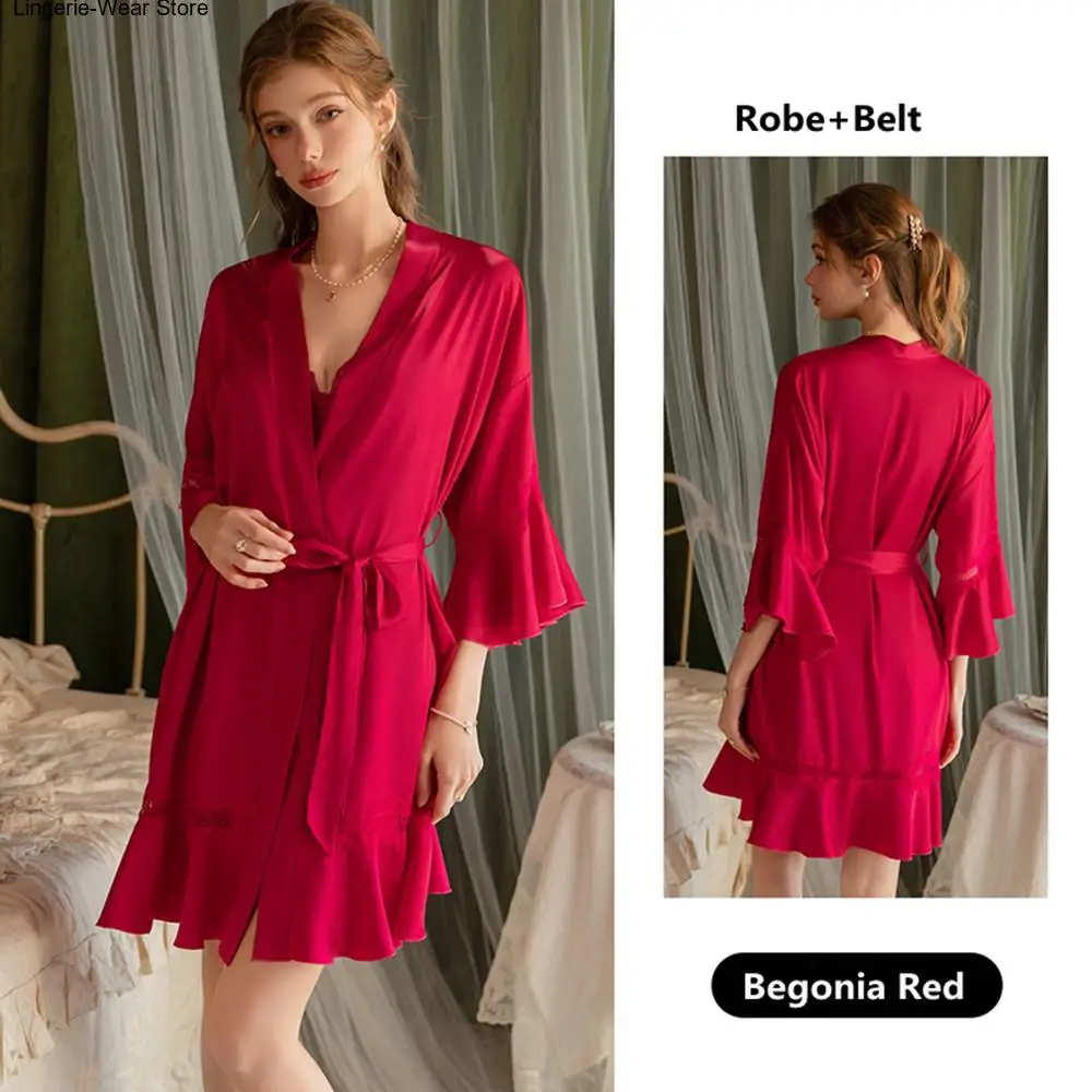 Elegant Ruffle Women's Robe Kimono Gown Sexy Hollow Out Lace Mujer Lingerie Nightgown Sleepwear Loose Silky Satin Home Dress 5