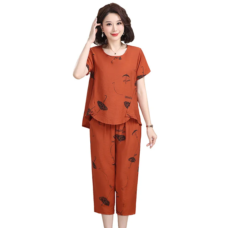 

Летний костюм для женщин среднего возраста, топы с коротким рукавом и принтом + брюки, модные свободные костюмы для бабушки из 2 предметов