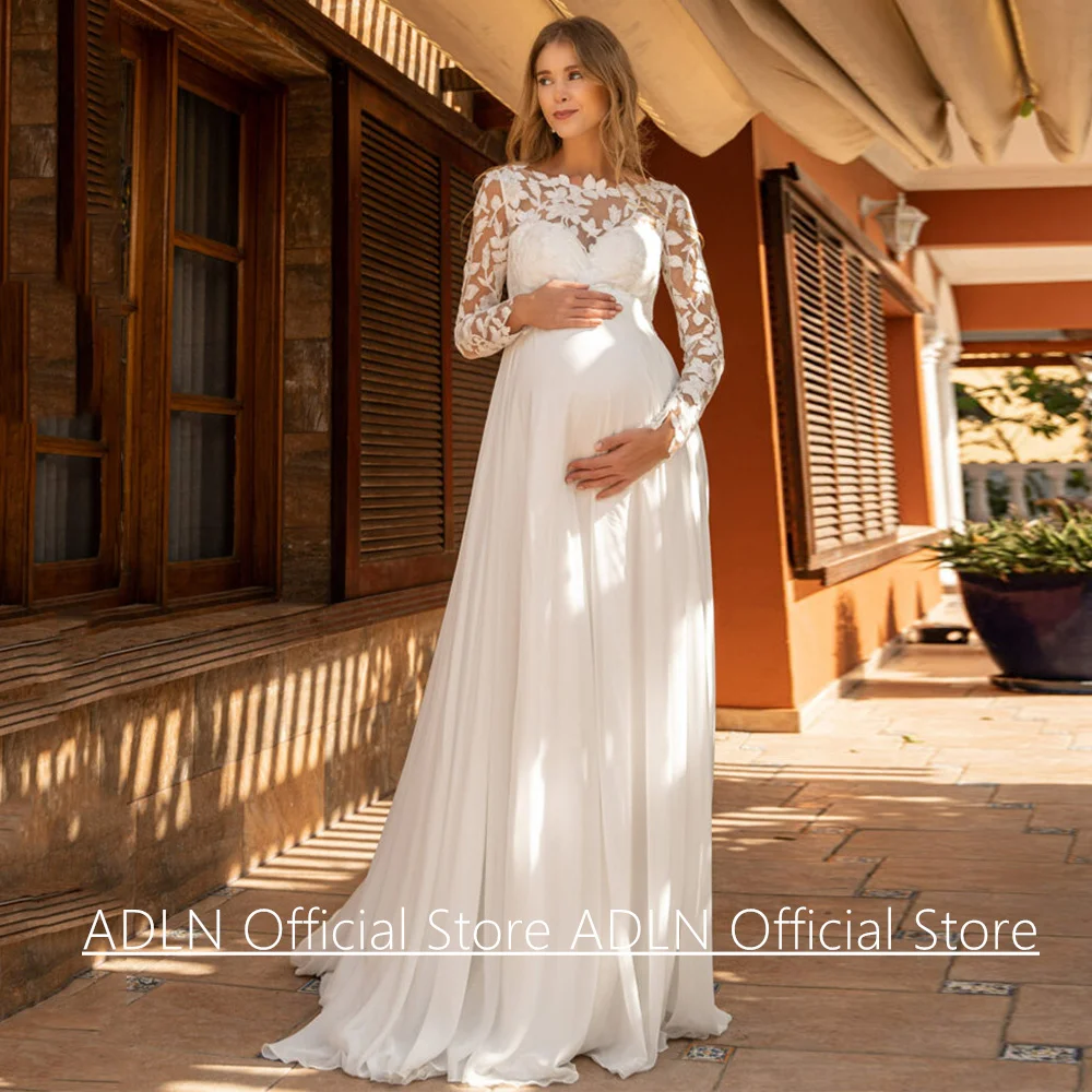chinese dress ladies Women's Long Sleeve V Neck White Lace Floral Maternity Gown Maxi  Photography Dress at Amazon Women's Clothing store main image 0