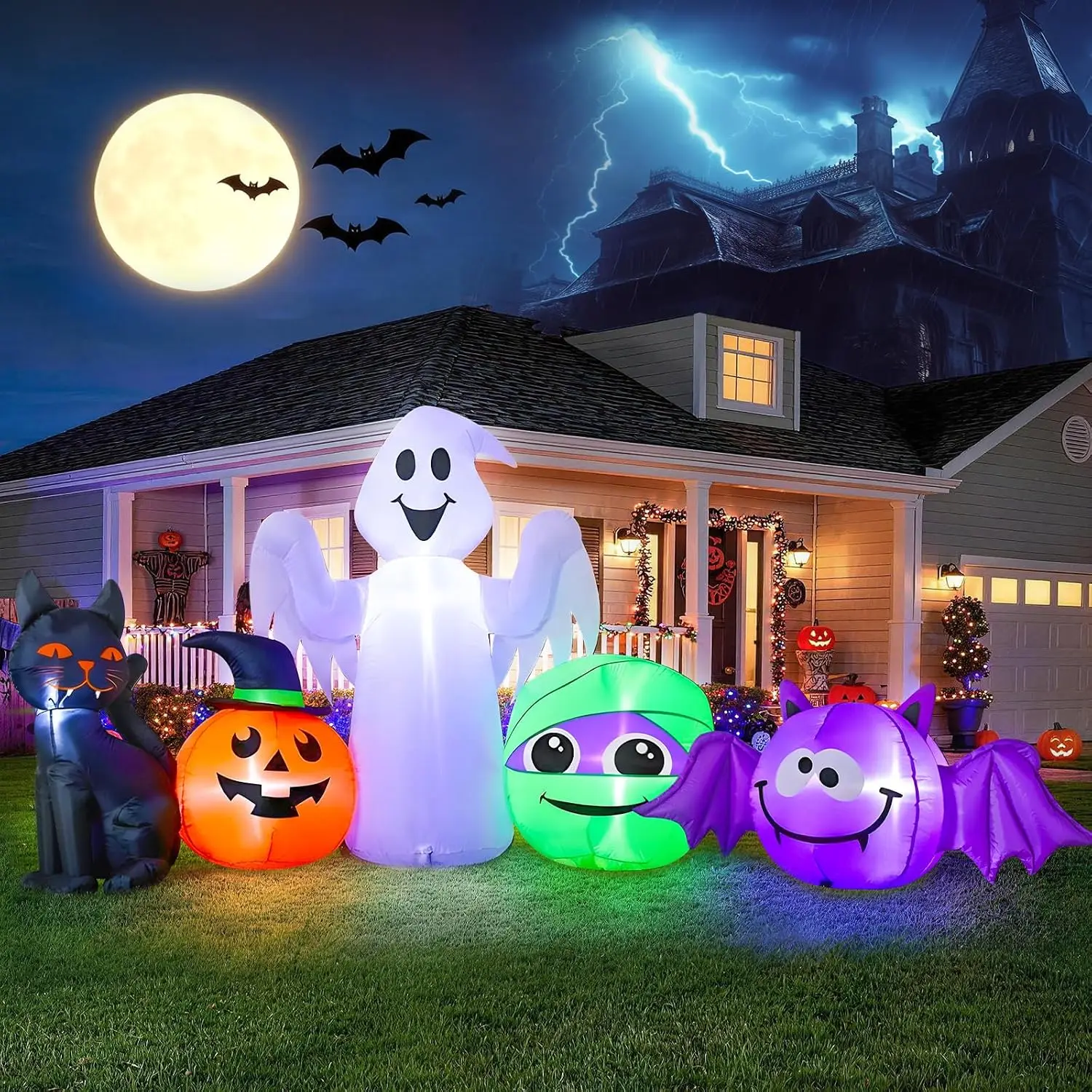 Halloween Inflatable Decorations 9.5-Foot-Long Pumpkin Cat & Ghost with Built-in LED Lights Blow-Up Outdoor Holiday Decorations