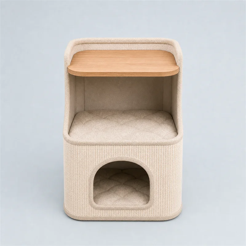 Cat Bed Table Cabinet, Lower Hideout, Soft Cushion Pet House, Scratching Fabric, Indoor Cats, Multi-Function Furniture