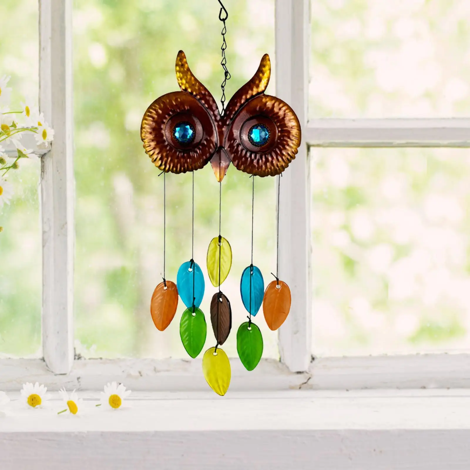 Owl Wind Chime Ornament Metal Glass Colorful Stained Crafts Hanging Windchime for Decoration Courtyard Garden Window Home
