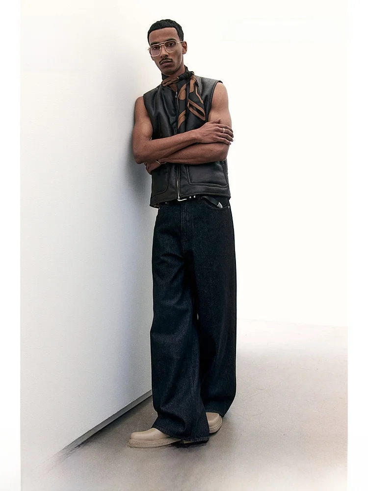 

High Waist Wide Leg Men's Jeans Casual Commuter Cotton Trousers Loose Fit Water Washed H&M Men's Summer Long Pants