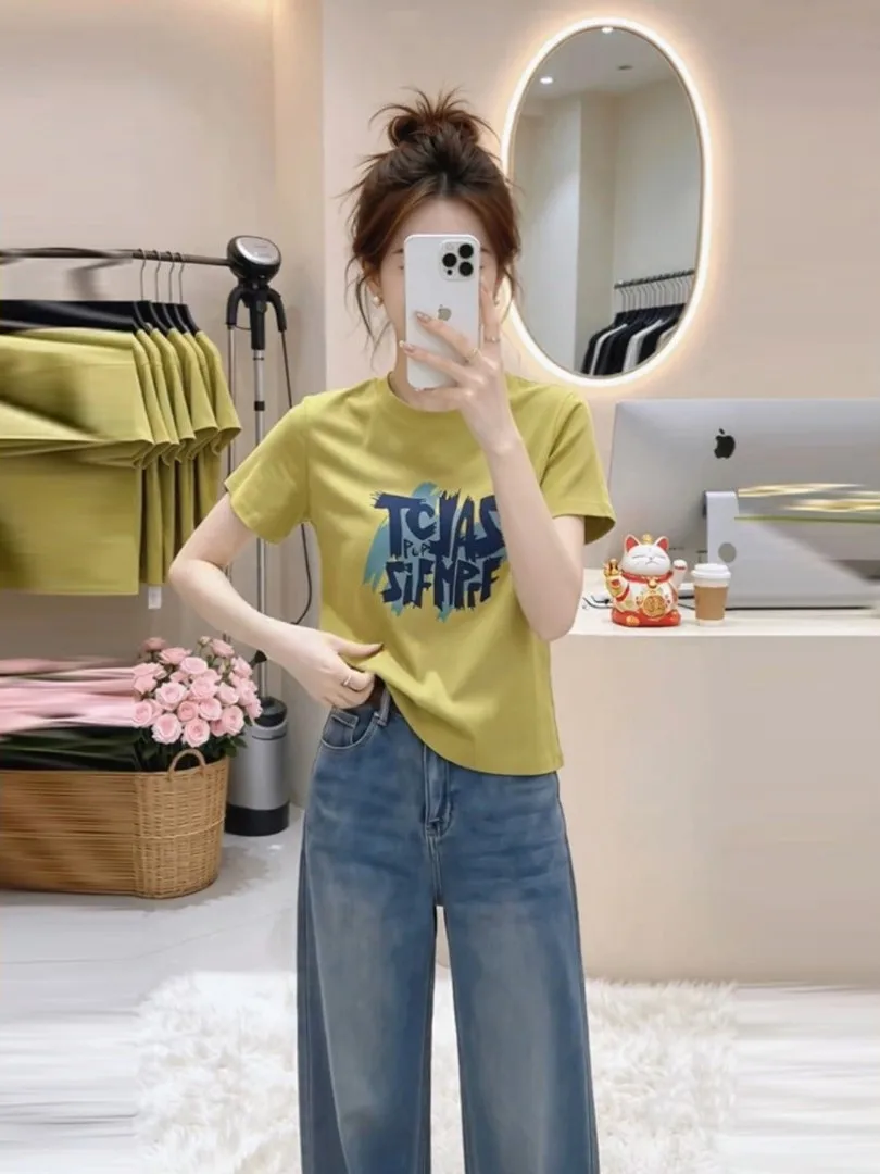 

Korean Style Anti-Aging Shoulder Letter Print Short Sleeve Women's T-Shirt Summer plus Size Loose Slimming Trendy Top