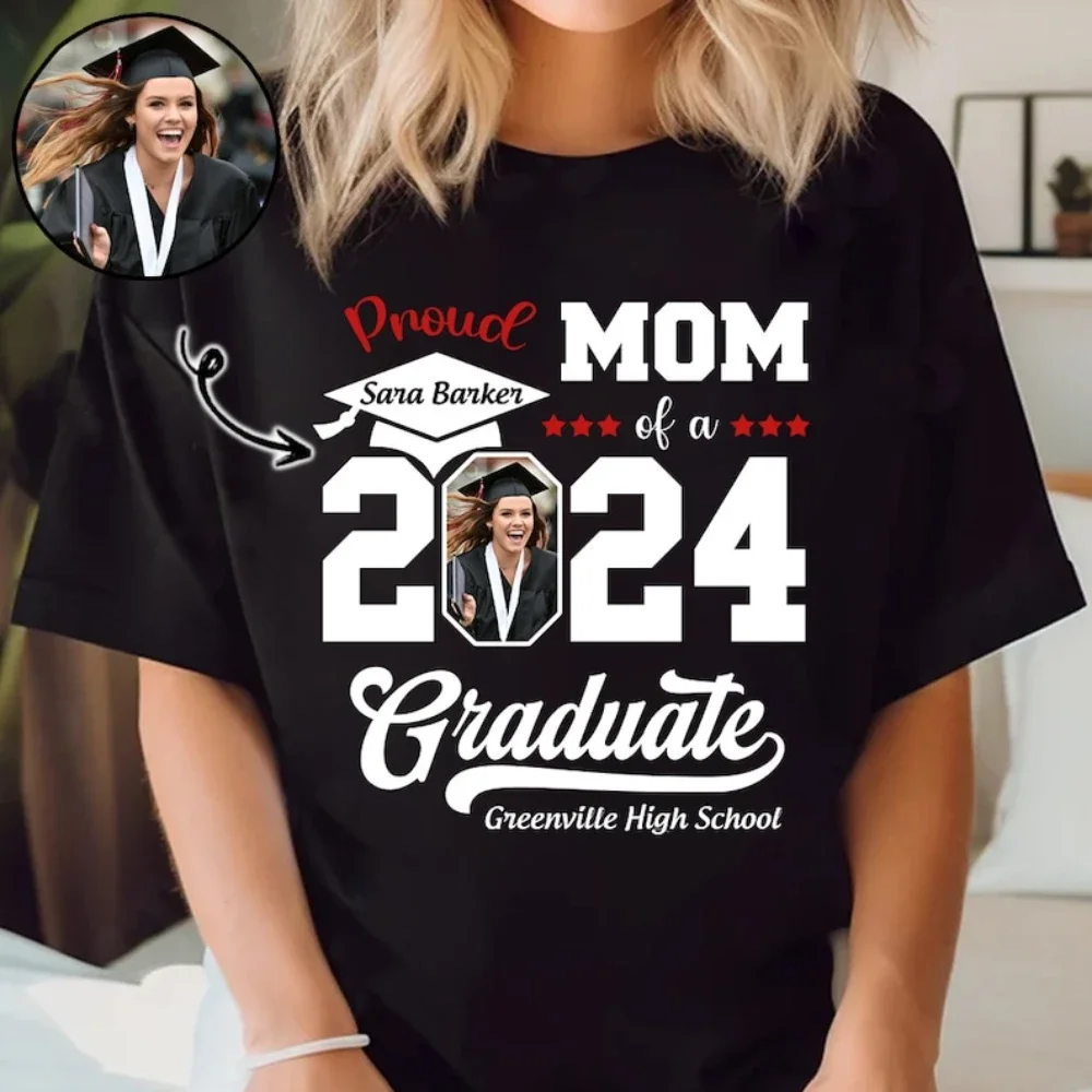 Custom Photo Proud Mom of 2024 Graduate TShirt Senior 2024 Shirt Class of 2024 Personalized Family Matching Grad Squad Tee