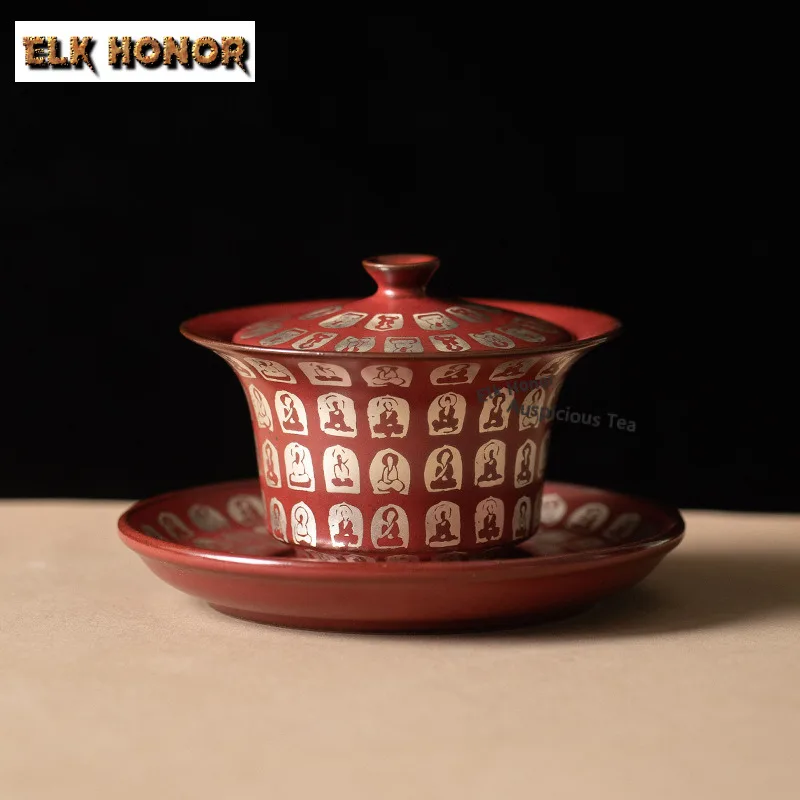 

100ml Vermilion Red Buddha Gaiwan Luxury Tea Tureen Tea Bowl With Lid Kit Tea Brewing Cover Bowl Tea Ceremony Supplies Ornaments