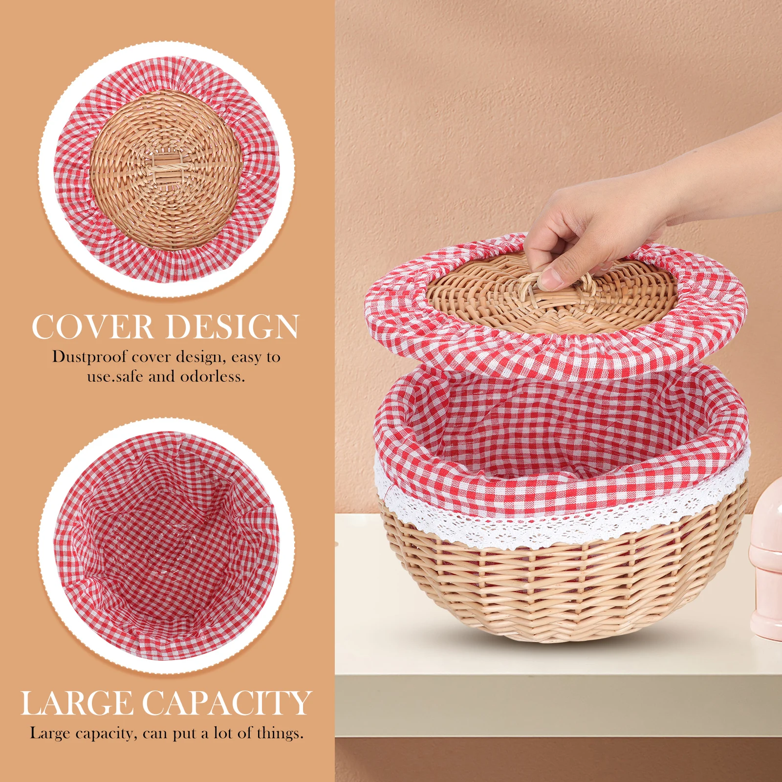 

Rattan Food Storage Basket Bread Snack Woven Picnic Camping Garden Party Home Dustproof Cover Large Capacity Kitchen Bar