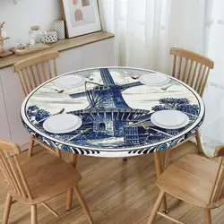 Round Waterproof Oil-Proof Dutch Blue Delft Vintage Windmill Art Tablecloth Backing Elastic Edge Table Covers Table Cloth