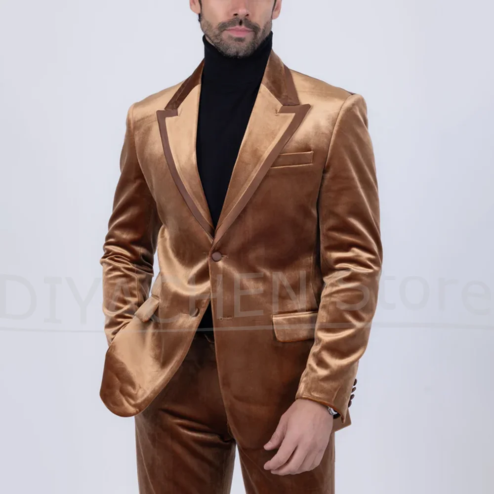 

Men's Velvet Suit Set Fashion Peak Lapel Single Breasted Outfit Stylish Blazer and Pants 2 Piece Wedding Party Formal Male Suit