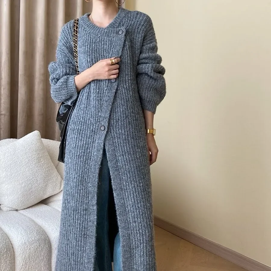 REALEFT Autumn Winter Women's Knitted Cardigan 2024 New Long Sleeve Front Split Buttons Korean Casual Loose Sweater Female