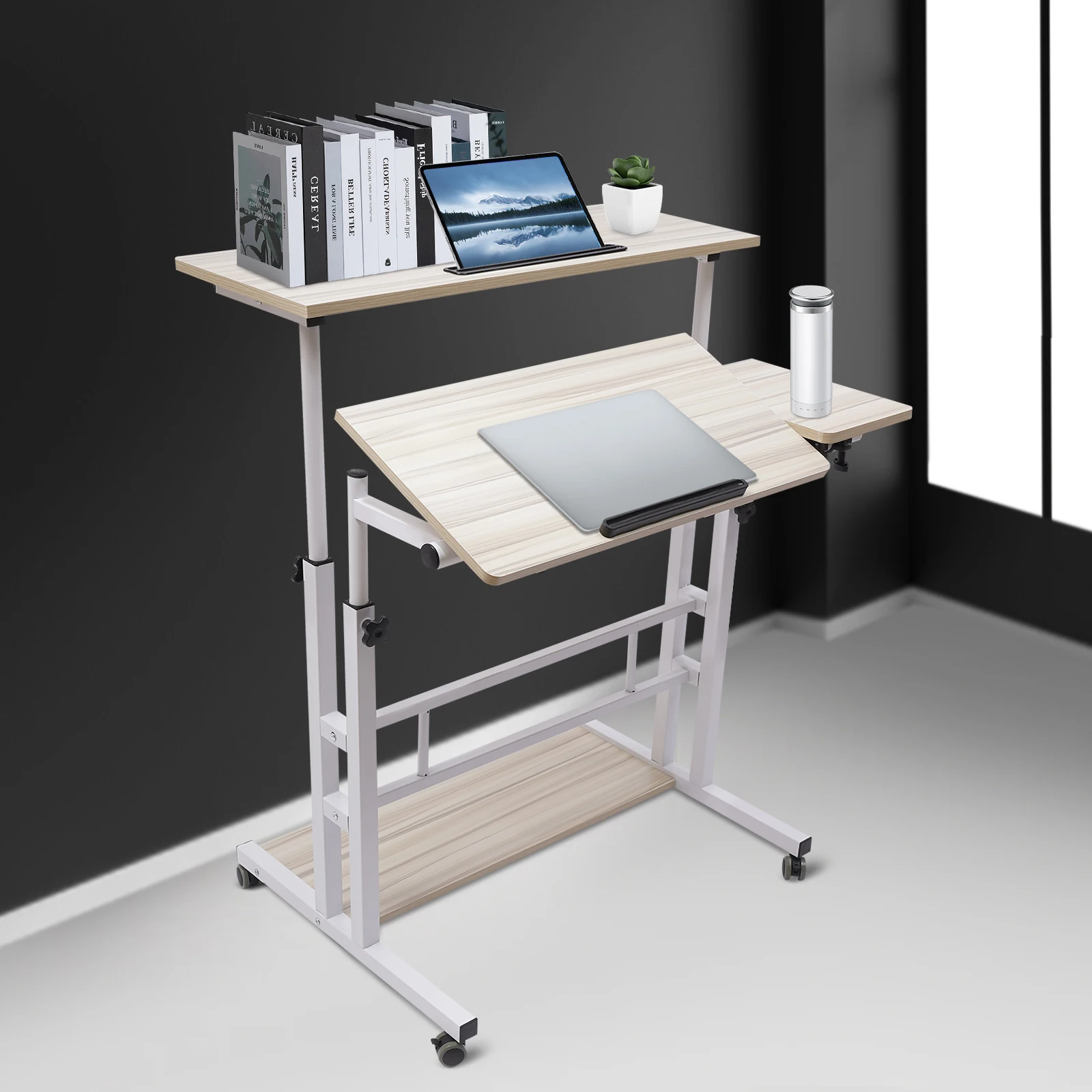 Mobile Stand Up Desk Adjustable Laptop Desk with Wheels Storage Desk Home Office Workstation Rolling Table Laptop Cart