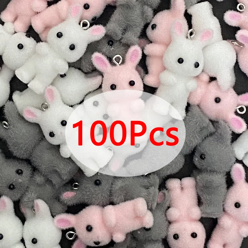 100Pcs Popular Fluffy Rabbit Doll Phone Charm Cute Miniature Animal Pendants For Keychain Necklace Earring DIY Jewelry Make