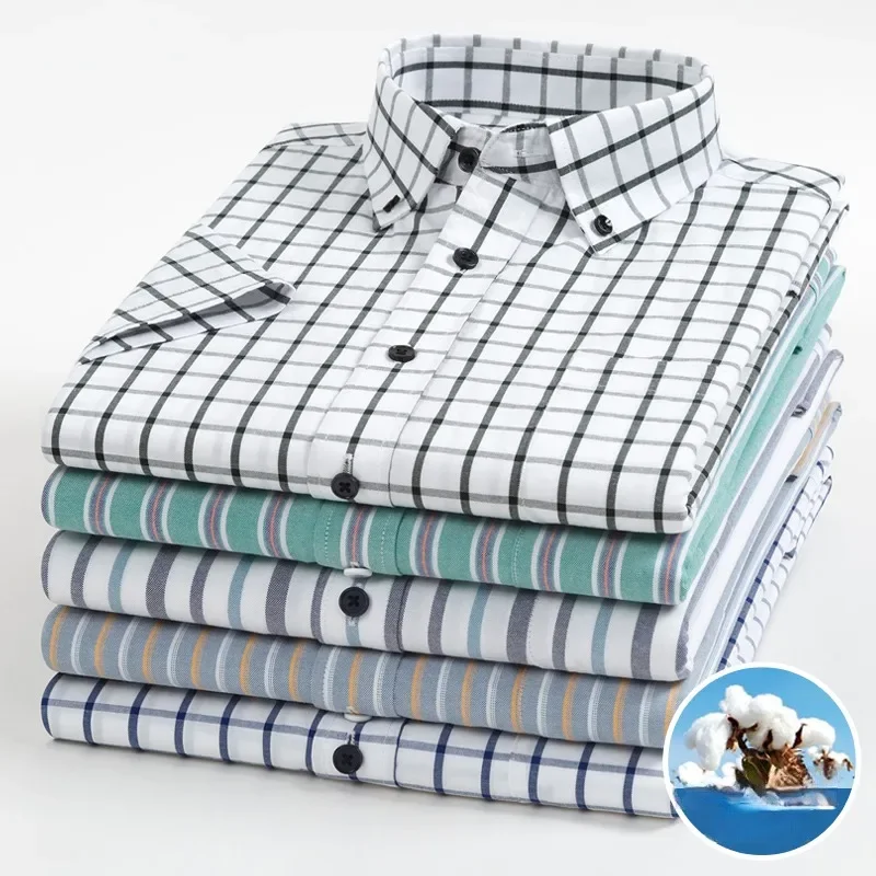 New in Shirt Summer 100% Cotton Short Sleeve Shirts Men Slim Fit Formal Plain Shirt Designer Plaid Korean   Popular Clothes