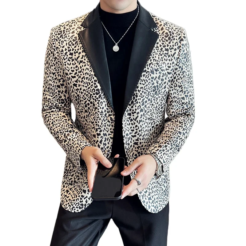 2024 Hot Sale White Leopard Pattern Patchwork Leather Casual Suit Jackets for Men, Fashion Trend Slim Fit Mens Blazer Masculinot