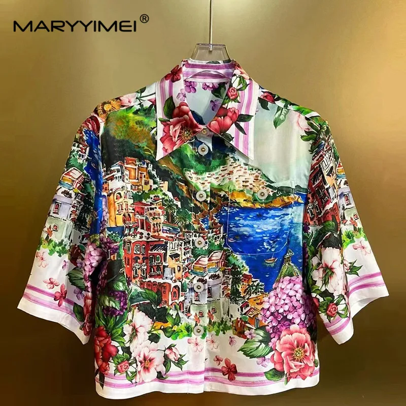 MARYYIMEI Elegant Women\'s Vacation Suit Summer Turn-Down Collar Single-Breasted Tops+Pleated Skirt Elegant Print 2 piece set