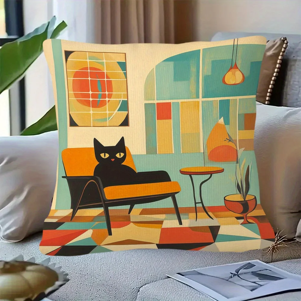 Mid Century Modern Black Cat Double-Sided Pillowcase, Atomic Retro Geometric Cushion Cover with Zipper, Washable Decor Case