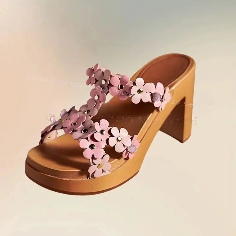 

Pink Flower Design Wooden Heel Platform Slippers Slip On Women Shoes Chunky High Heels Fashion Open Toe 2025 Zapatos Para Mujere