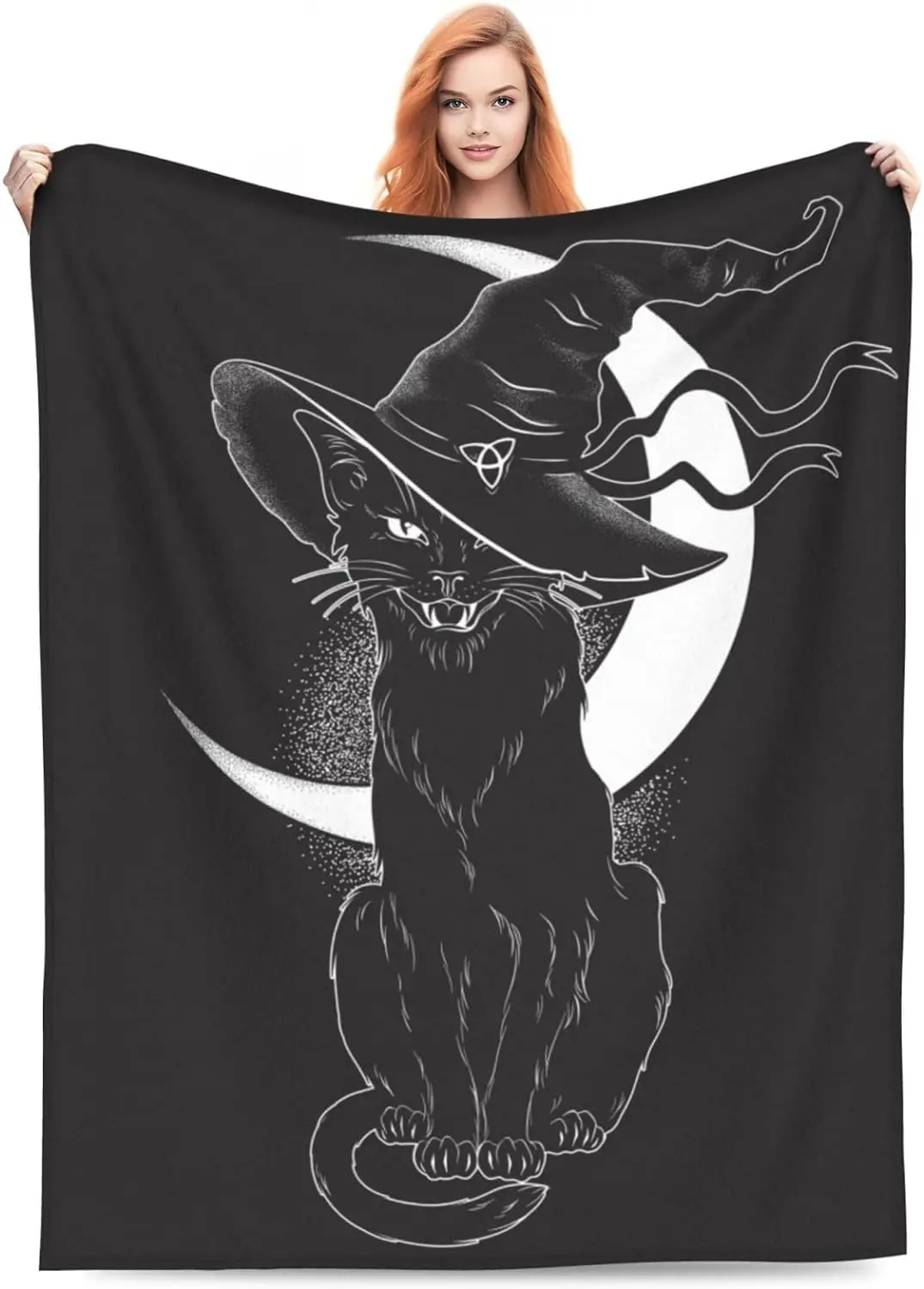 Black Cat Wearing Pointy Witch Hats Blanket Wiccan Cat Decor Gifts for Girls Women Flannel Soft Warm Cozy Fuzzy Throw Blankets f