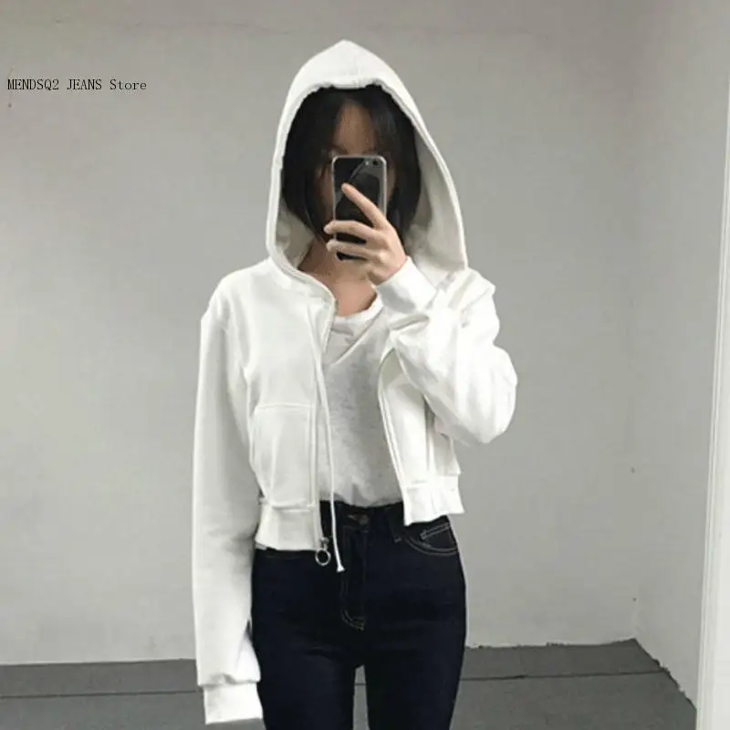 Short Hoodie Zipper feminino Slim-Fit Harajuku simples All-Match Fino Long-Sleeved Casual Street Suit