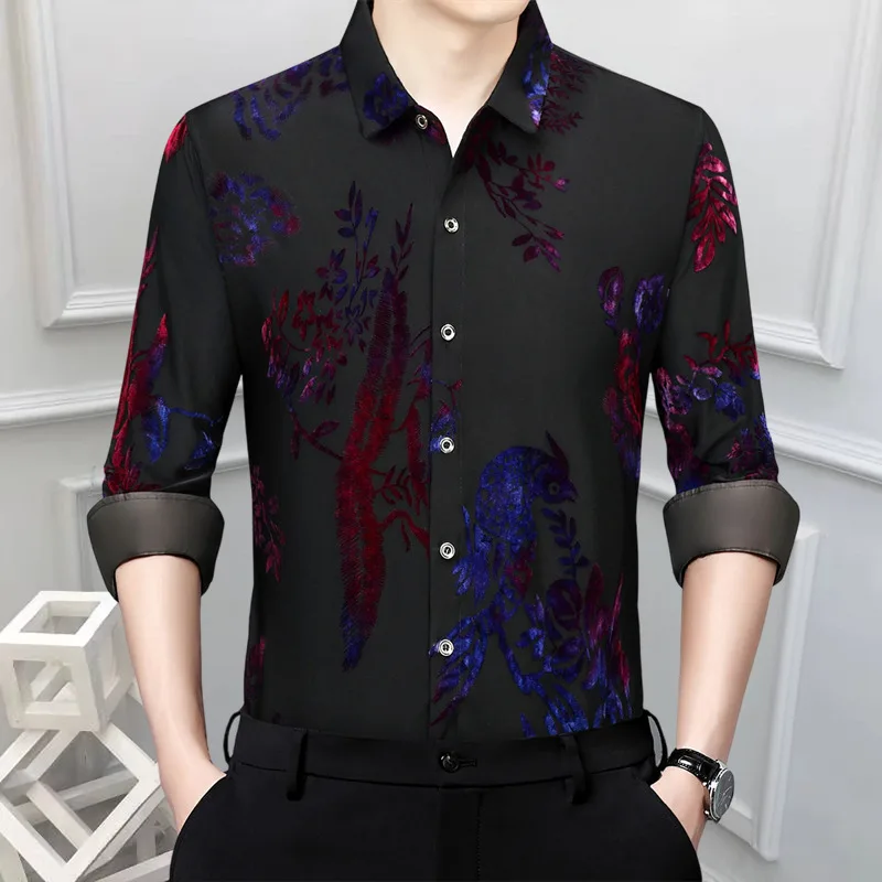High Quality See Through Flower Shirts Men Business Casual Office Shirt 2025 Velvet  Long Sleeve Camisa Chemise Homme Men Shirt
