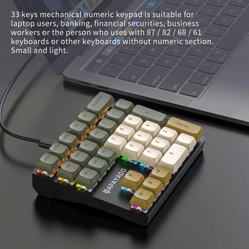 K33 Numeric Keypad Wired APAYADO 33key Mini Mechanical Numeric Keyboard Colorful Lighting for Finance accounting Workers