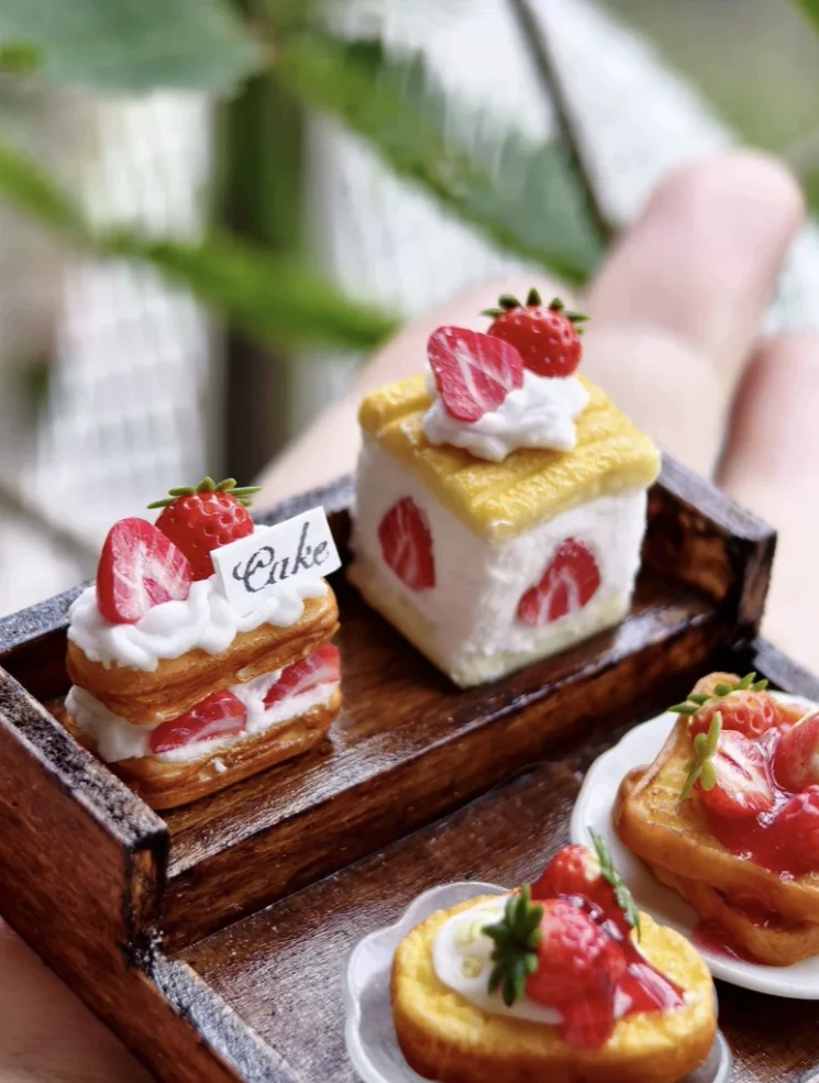 Miniature Breakfast Series Food, Handmade Polymer Clay Toast Baguette Honey Pancake Waffle Rainbow Cake Slice Fruit Tart Props