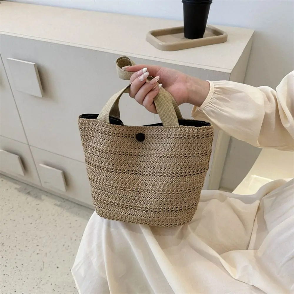 

Practical Stripe Weave Handbag Small Cloth Bag Large Capacity Straw Bag Casual Picnic Storage Bag Lunch Bag Travel