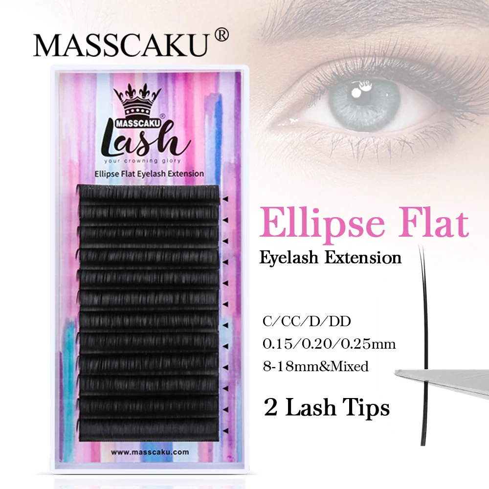 MASSCAKU 12Lines Ellipse Flat Split Tips Shape Eyelash Extension Natural Light Split-tips Dark Black matte Fake Eyelashes Makeup