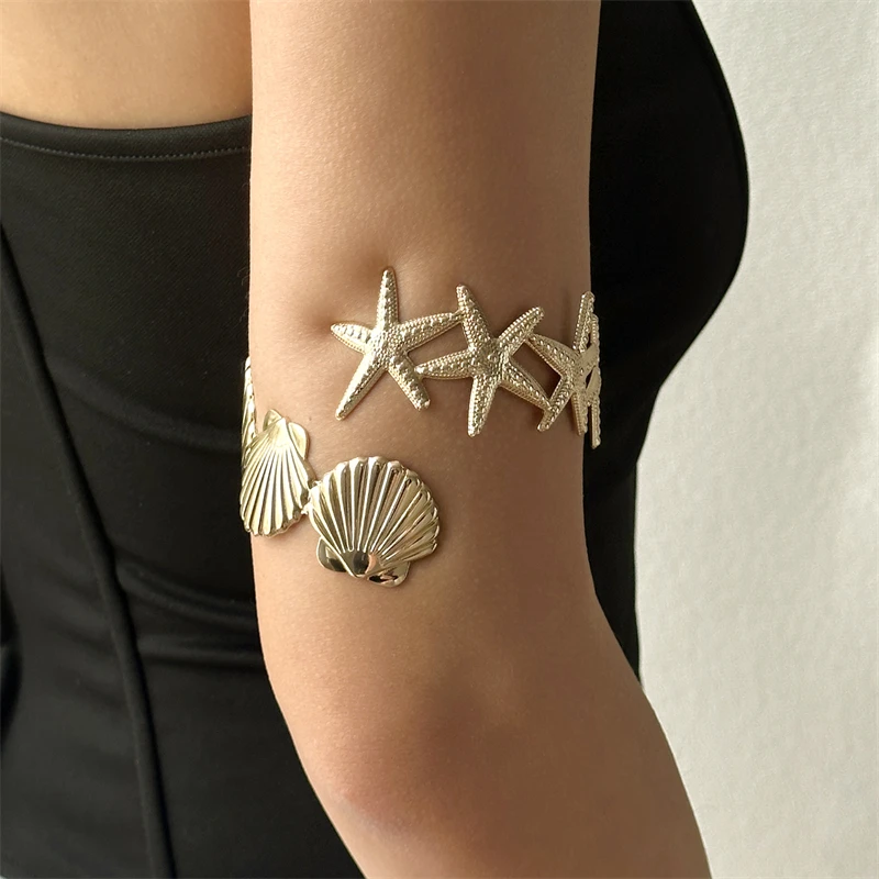 Sea Star Starfish Shell Upper Arm Bracelet for Women Beach Vacation Jewelry Adjustable Armlet Nautical Theme Accessories