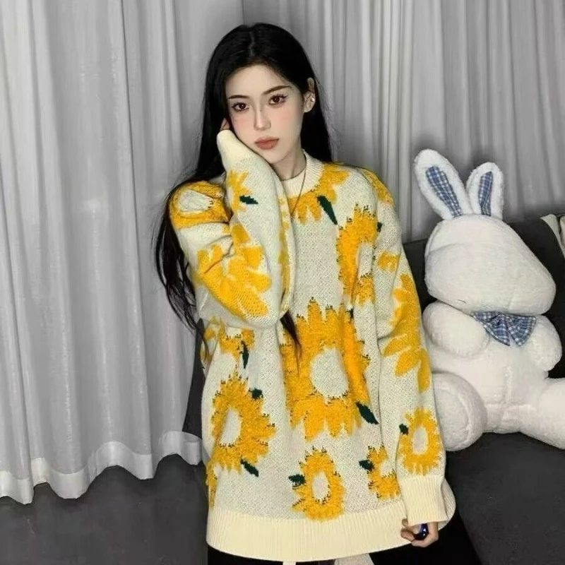 

New Style of 2026 Autumn/winter Trendy Loose Velvet Laid-back Knitted Sweater Warm Sunflower Knitted Base Layer Women Ins Top