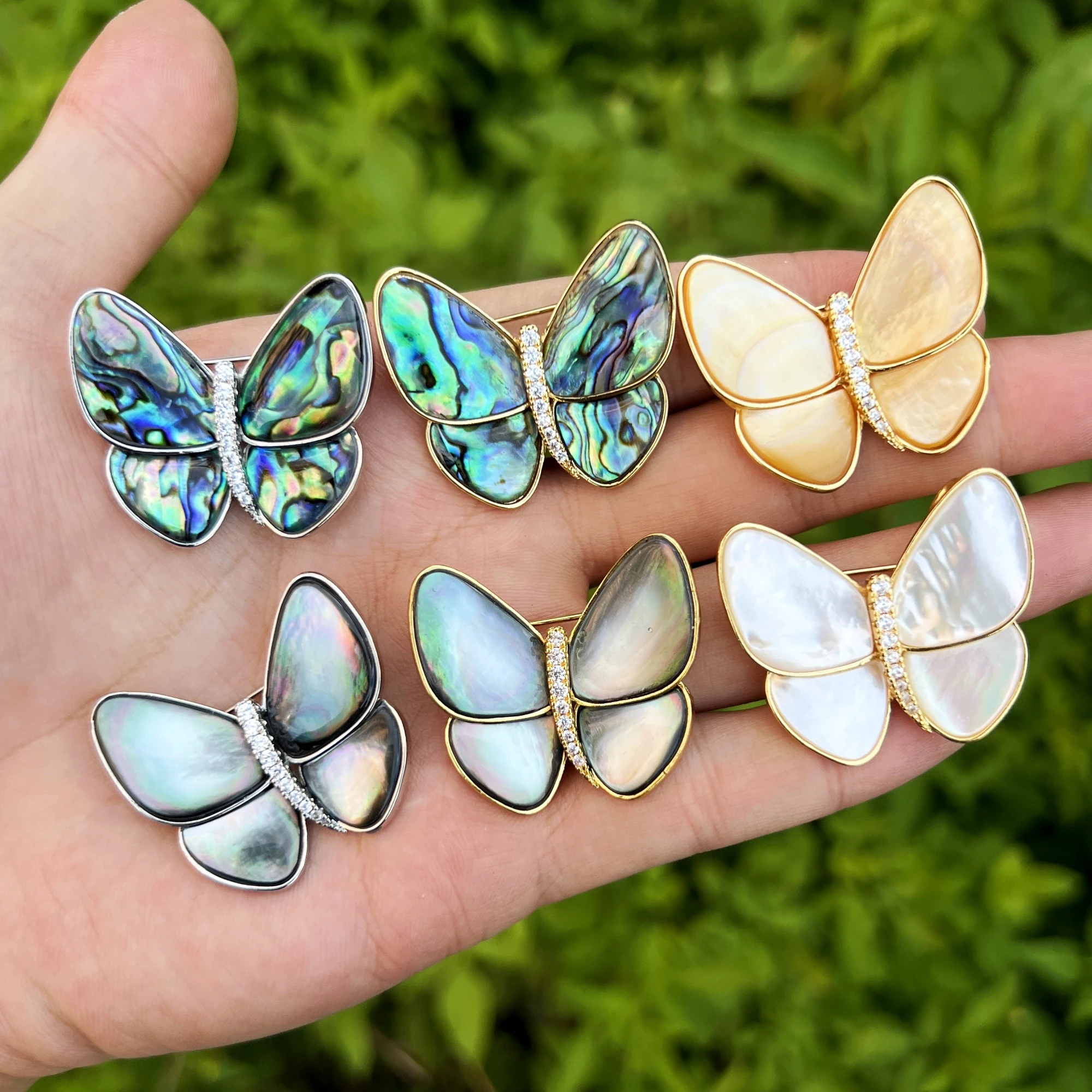 10PCS Wholesale Natural Abalone Shell Butterfly Brooches Pendant With CZ Paved For Women Fashion Luxury Jewelry