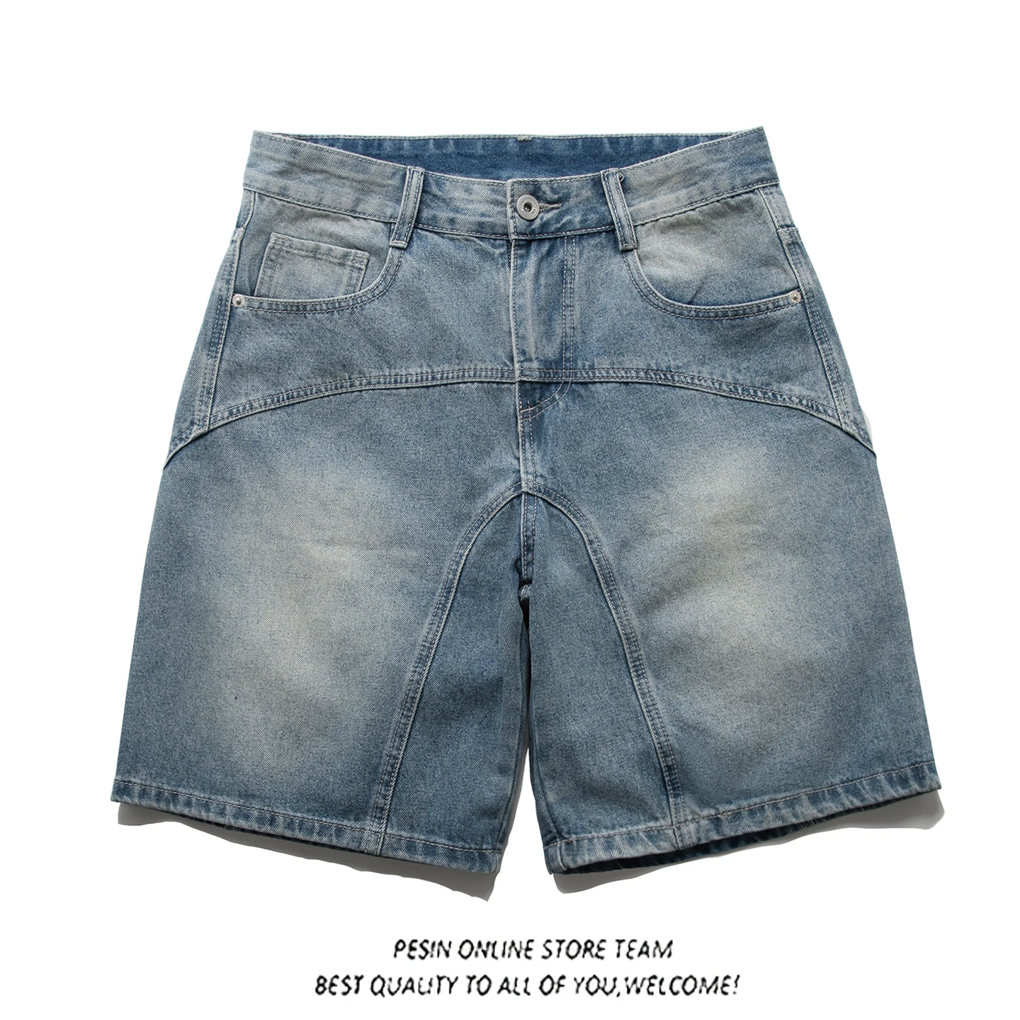 

Retro Washed Patchwork Loose Straight Casual Five-Button Men's Shorts Summer Vintage Japanese Style Workwear Denim mid Waist ...